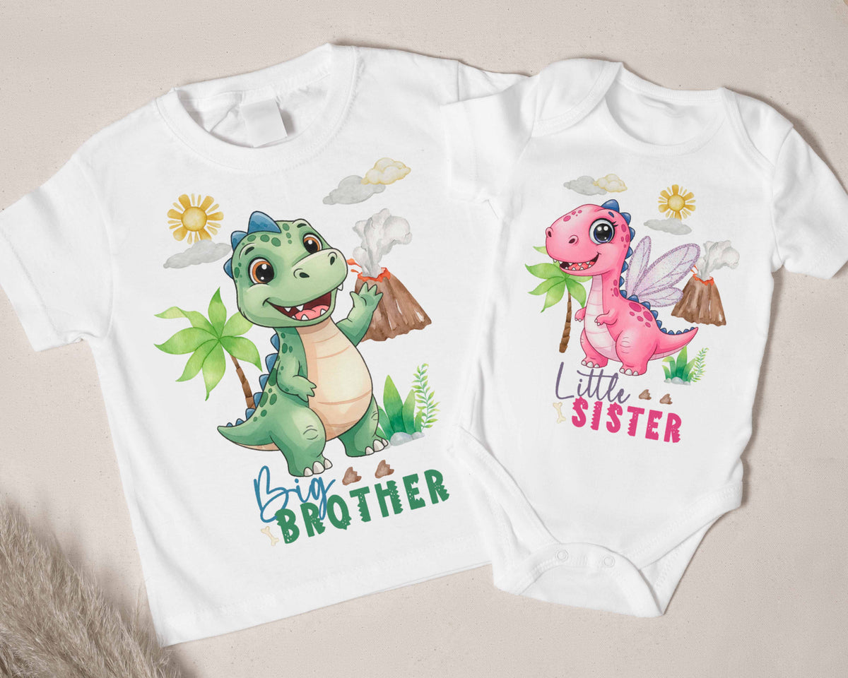 Big Brother & Little Sister Matching Outfit - Dinosaur Sibling Shirts, Cute Dinosaurs Theme Matching Outfits - Brother Gift Set, Little Sis