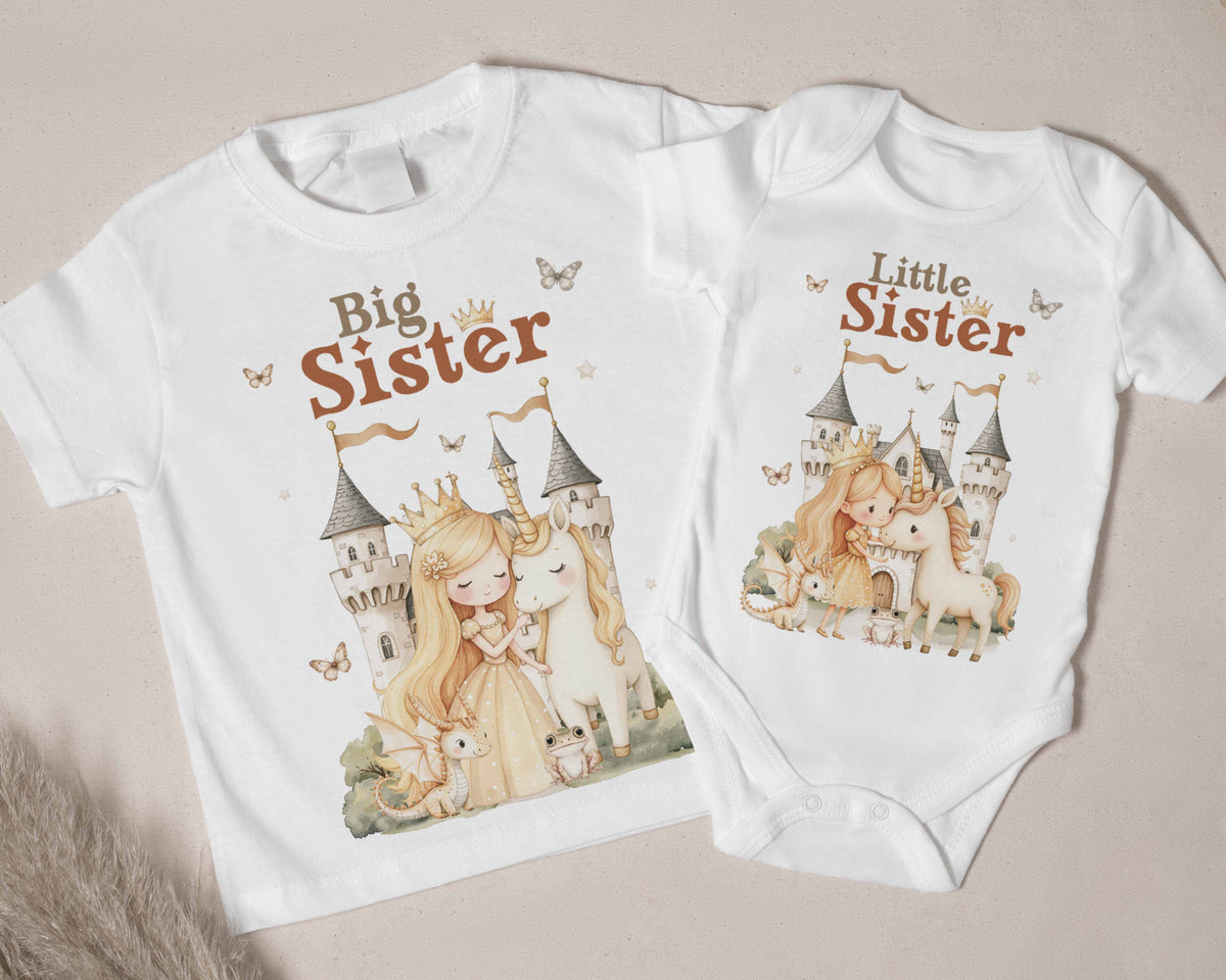 Big Sister & Little Sister Princess Matching Outfit - Unicorn Sisters Shirts, Unicorn Theme Matching Outfits, Big Sister Princess Shirt