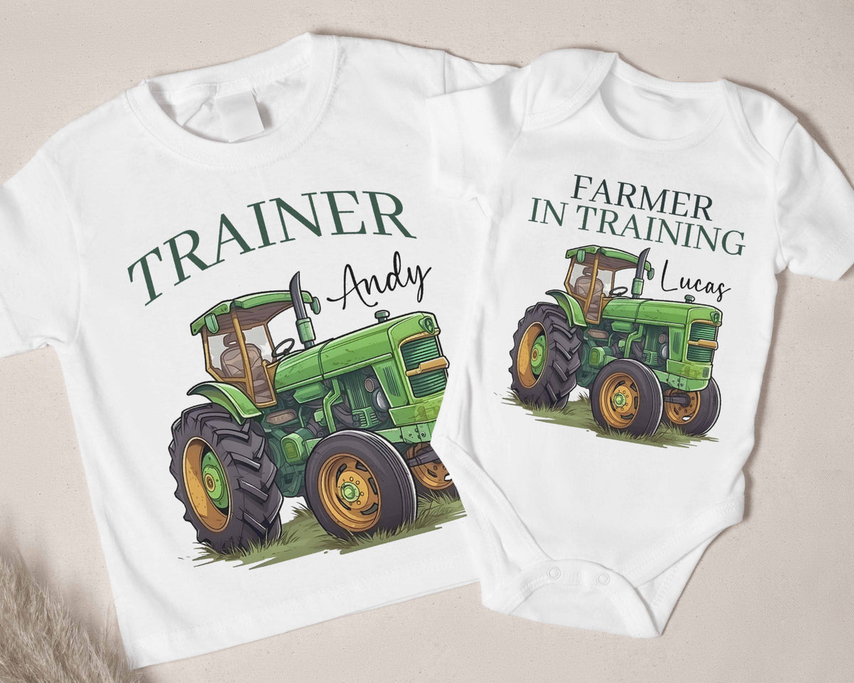 Farmer in Training and Trainer Shirt Set – Matching Brother and Baby Tractor Outfits, Custom Farm Baby Clothes, Country Family Gift