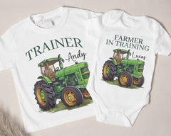 Farmer in Training and Trainer Shirt Set – Matching Brother and Baby Tractor Outfits, Custom Farm Baby Clothes, Country Family Gift