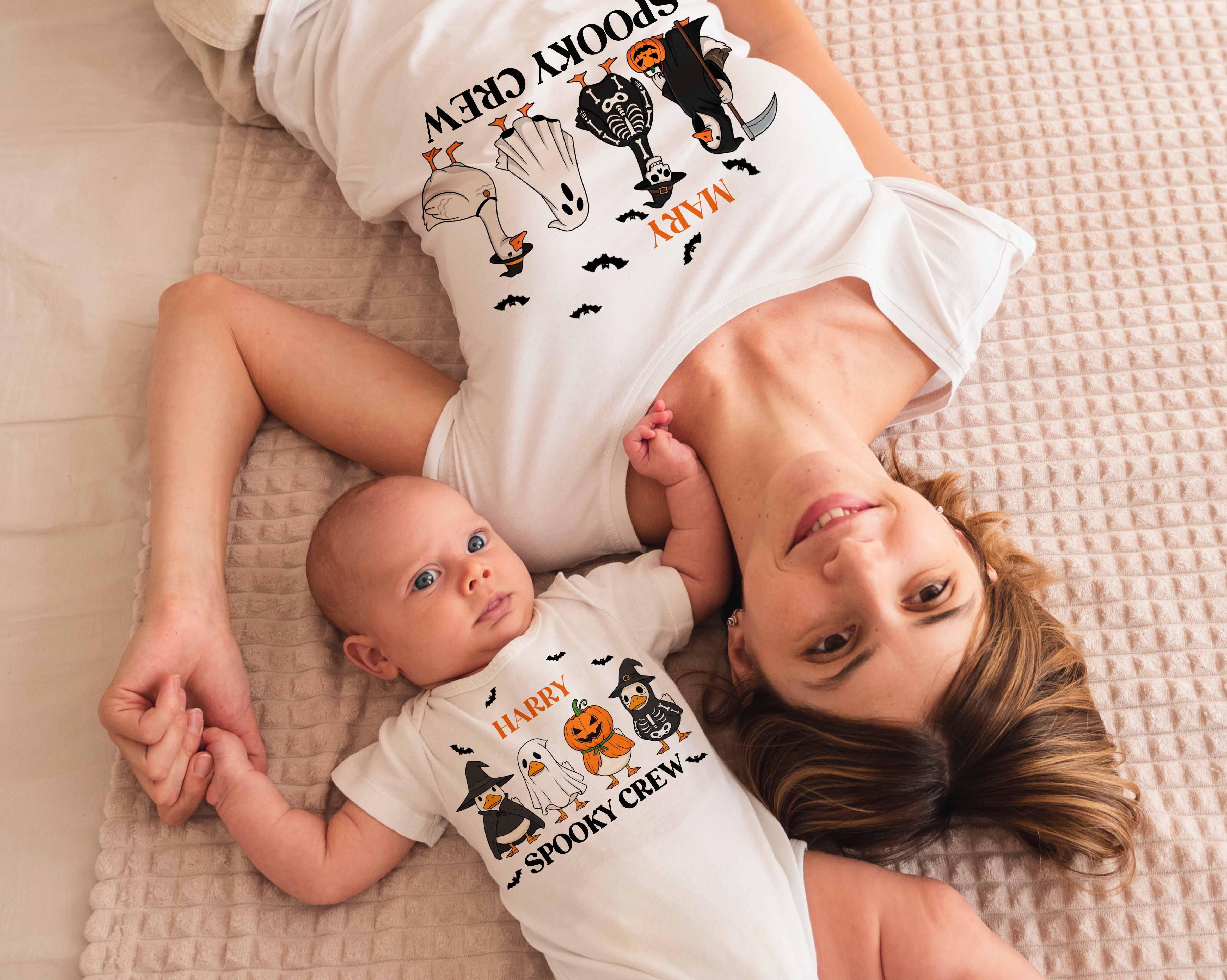 Matching Halloween Outfit for Mom and Baby – Spooky Crew Bodysuit and T-Shirt Set – Personalised Family Halloween Shirts