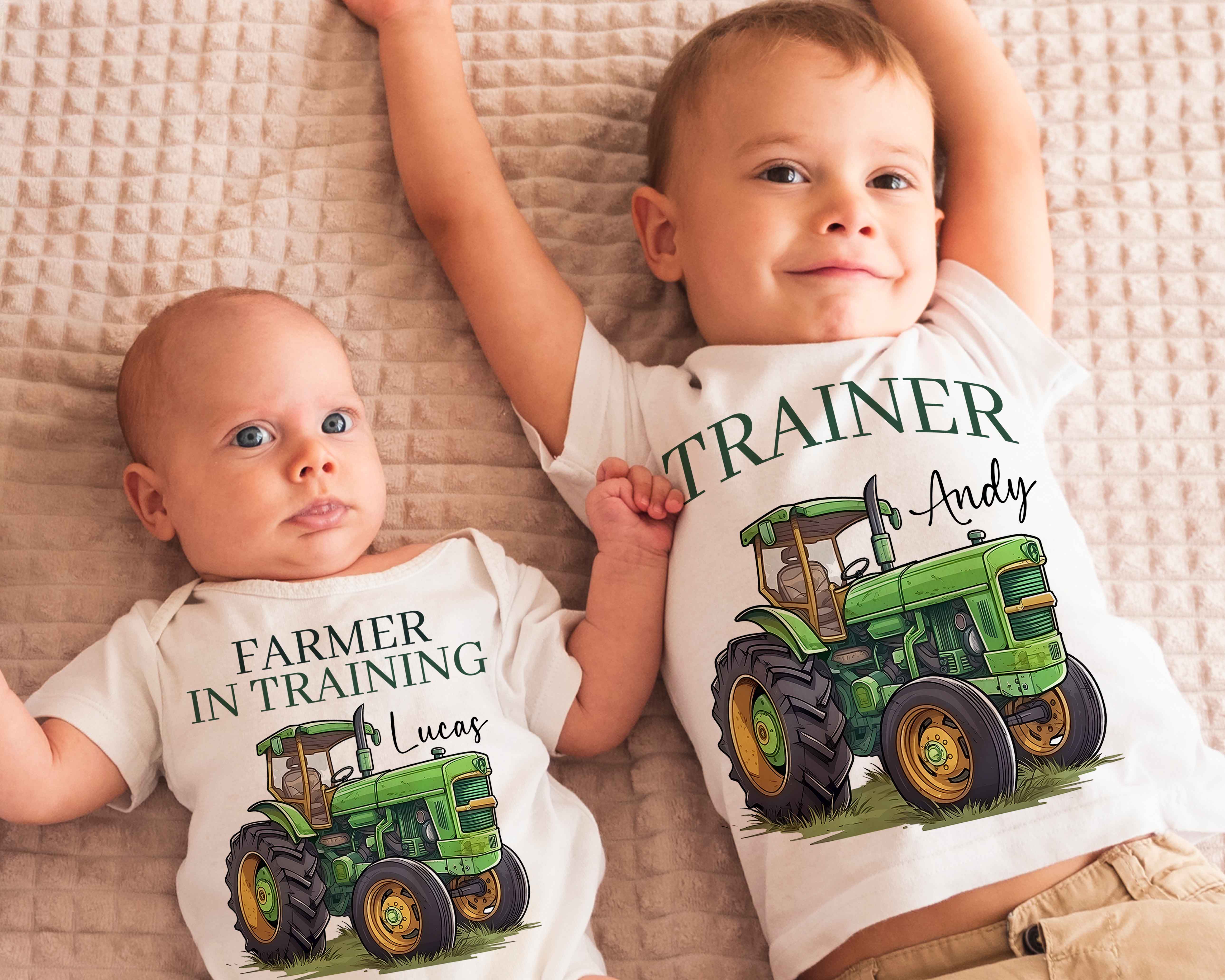 Farmer in Training and Trainer Shirt Set – Matching Brother and Baby Tractor Outfits, Custom Farm Baby Clothes, Country Family Gift