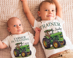 Farmer in Training and Trainer Shirt Set – Matching Brother and Baby Tractor Outfits, Custom Farm Baby Clothes, Country Family Gift